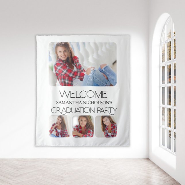 Moderne 4-Foto-Graduierungsparty Willkommen Wandteppich (Modern, white 4-photo graduation "Welcome" sign/tapestry)