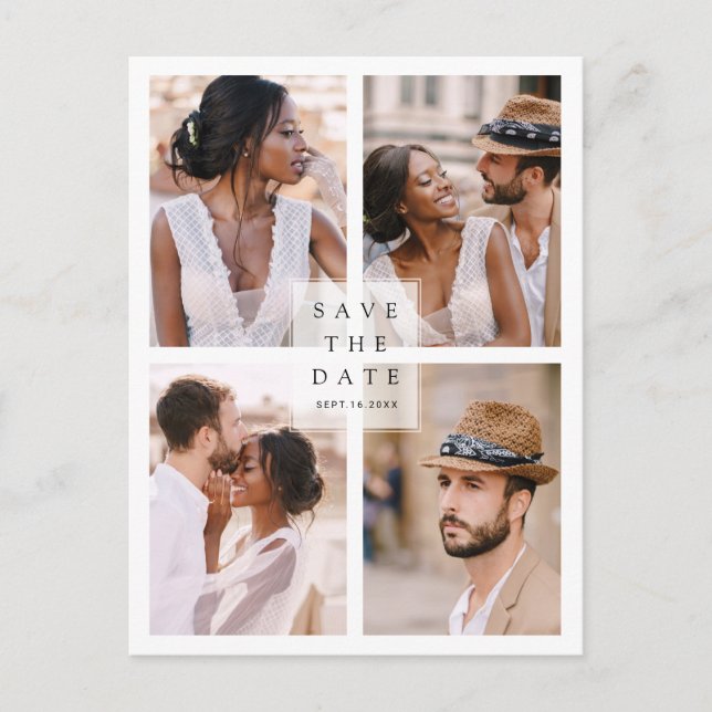 Moderne 4 Fotocollage-Hochzeit spart das Datum Ankündigungspostkarte (Vorderseite)