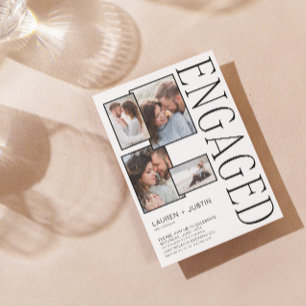 Moderne 4-Fotomaterial Schwarz-weiße Verlobung Ankündigung