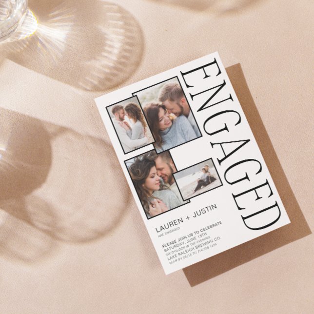 Moderne 4-Fotomaterial Schwarz-weiße Verlobung Ankündigung (We're Engaged! Come Celebrate Our Love at Our Engagement Party. 🥂💍 [Your Details Here])