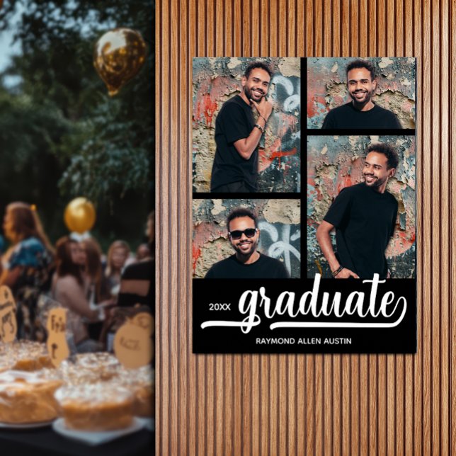 Moderne 4 Fotos auf dem Schwarzen Abschluss Poster (Modern 4 photo on black graduation party poster - PRINTED and/or INSTANT DOWNLOAD)