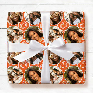 Moderne 4er-Fotocollage Kreis Herz Muster Orange Geschenkpapier