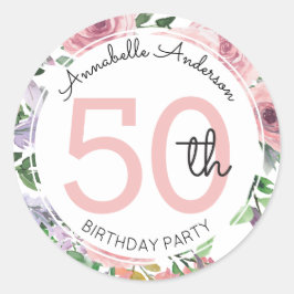 Moderne 50. Geburtstag Blush Pink Floral Wasserfar Runder Aufkleber