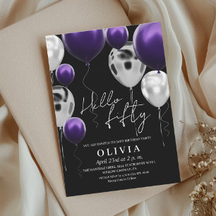 Moderne 50. Geburtstag Schwarzes Silber Lila Ballo Einladung