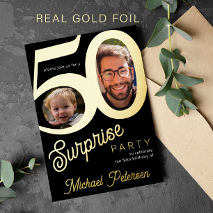 Moderne 50. Geburtstagsfeier Schwarz-Gold-Foto Folieneinladung