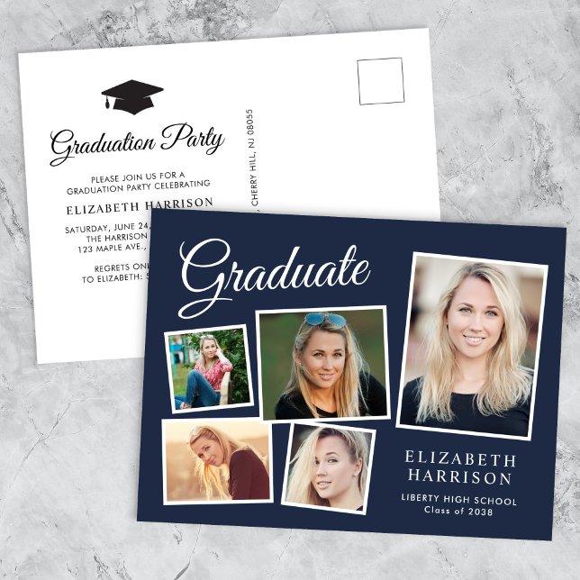 Moderne 5 Foto Collage Blue Graduation Party Einladungspostkarte (A personalized photo graduation party invitation to celebrate the graduate's achievements)