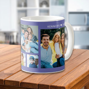 Moderne 5-Foto-Collage Familienname Periwinkle Kaffeetasse