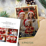 Moderne 5 Foto Collage Frohe Weihnachten Folien Feiertagskarte<br><div class="desc">Einfache minimale stilvolle fünf individuelle Fotos der Familie "Frohe Weihnachten und ein glückliches neues Jahr" (veränderlich) Typografie-Skript überlagert Weihnachtskarten-Vorlage mit einem echten goldenen Rahmen und Schneeflocken. Einfach mit Ihren Bildern, Text, Namenssignatur und Wünschen auf beiden Seiten personalisieren! Bitte beachten Sie, dass die Folienfarbe geändert werden kann - es gibt 3...</div>