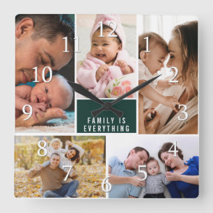Moderne 5-Foto-Familie-ist-alles-Zitat Grün Quadratische Wanduhr