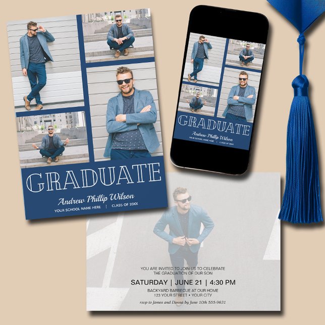 Moderne 5-Foto-Graduierungsparty Navy Blue Einladung (Navy Blue Modern Photo Graduation Invitations - PRINTED and/or INSTANT DOWNLOAD)