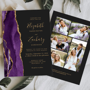 Moderne 5-Foto-Lila-Gold-Achat-Dunkle-Hochzeit Einladung