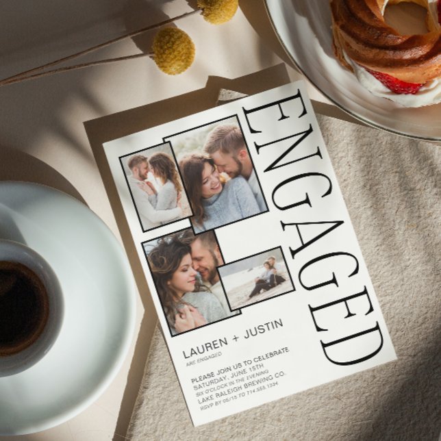 Moderne 5-Fotocollage Schwarz-weiße Verlobung Ankündigung (We're Engaged! Come Celebrate Our Love at Our Engagement Party. 🥂💍 [Your Details Here])
