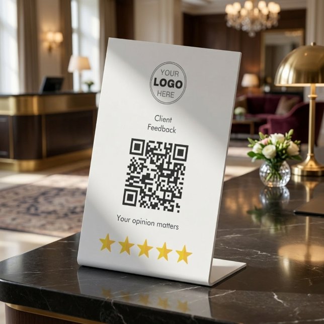 Moderne 5-Sterne-Luxus-Feedback-QR-Code Sockelschild (Luxury QR Code Stand for Client Reviews | Sleek White Pedestal Sign)