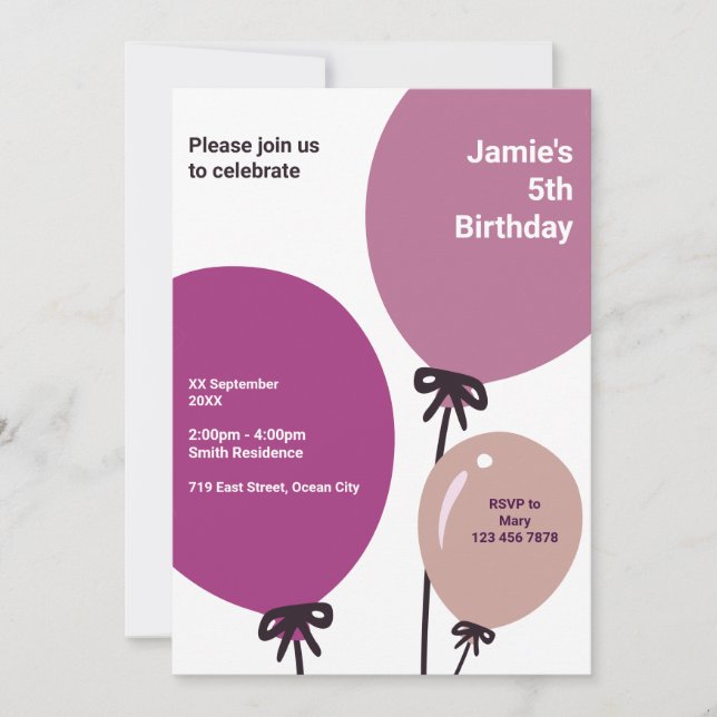 Moderne 5th Birthday Balloon Party Einladung Card (Vorderseite)