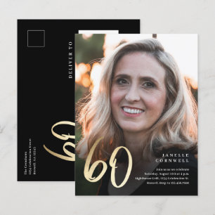 Moderne 60. Geburtstagsfoto Schwarz & Gold Schrift Einladungspostkarte