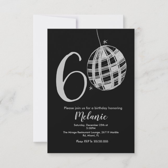 Moderne 60er Schrift fett schwarzer Disco-Glitter- Einladung (Vorderseite)