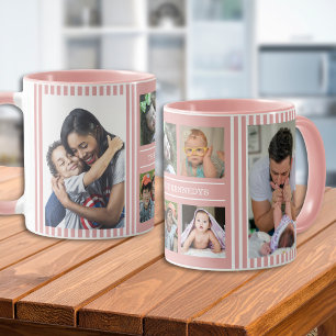 Moderne 6-Foto-Collage Familienname Rosa Streifen Tasse