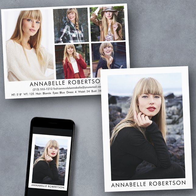 Moderne 6-Foto-Modell- und Actor-Comp-Karte Einladung (Customize to change background color, text size or text style. Available for prints and download.)