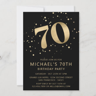 Moderne 70. Siebzigster Geburtstag Schwarz und Gol Einladung