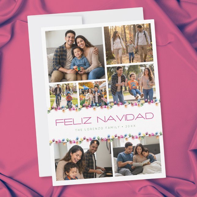 Moderne 7-Foto-Collage Frohe Weihnachten Lichter (Modern 7 Photo Collage Feliz Navidad Lights Holiday Card)