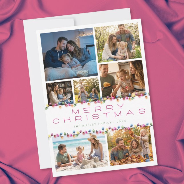 Moderne 7-Foto-Collage Frohe Weihnachten Lichter (Modern 7 Photo Collage Merry Christmas Lights Holiday Card)