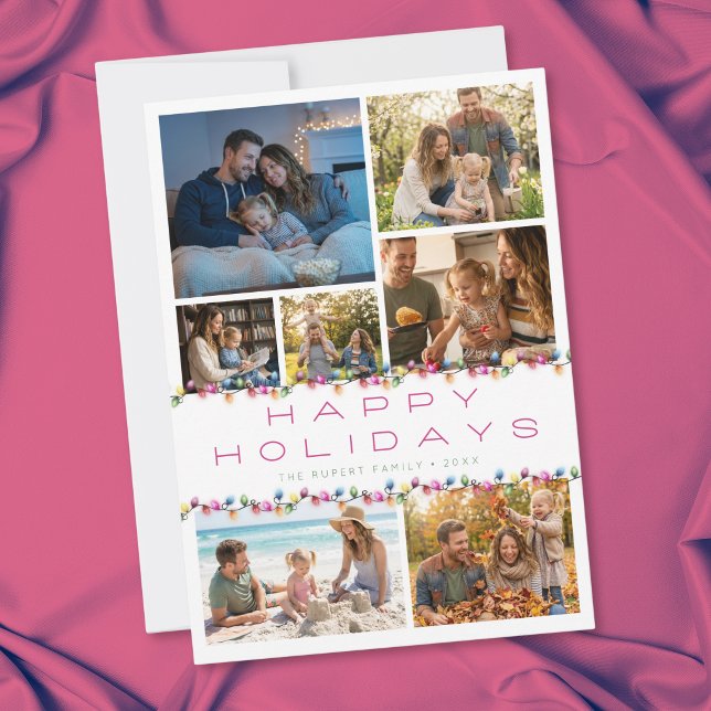 Moderne 7-Foto-Collage Frohe Weihnachten Lichter (Modern 7 Photo Collage Happy Holidays Lights Holiday Card)