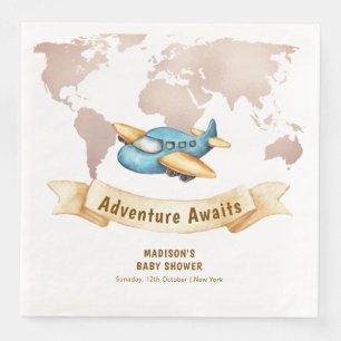 Moderne Abenteuer Weltkarte Flugzeug Baby Shower Serviette
