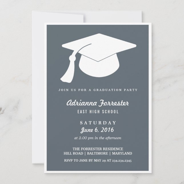 Moderne Abschluss Hat Blue Graduation Party Einladung (Vorderseite)