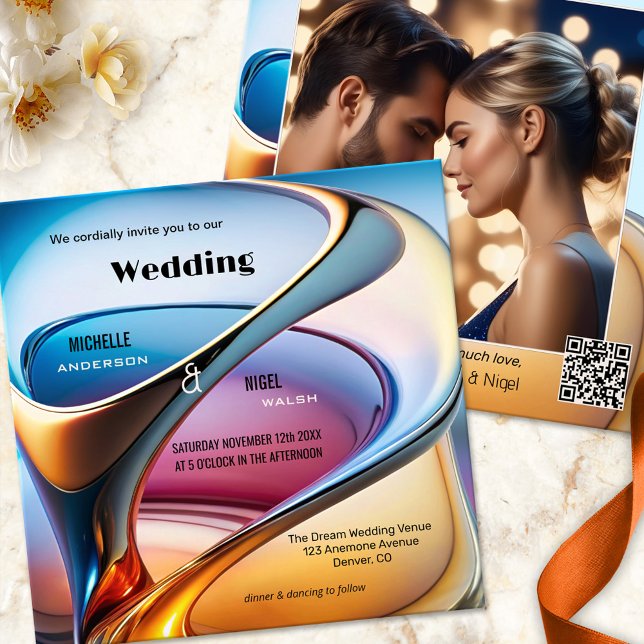 Moderne Abstrakt Art Foto Hochzeit Einladung (Modern art photo wedding invitation featuring a colorful flow abstract design - with QR code)