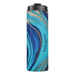 Moderne Abstrakt-Flow Art-Blue und Gold- Thermosbecher