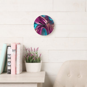 Moderne Abstrakt-Viva Magenta Türkis und Gold Runde Wanduhr