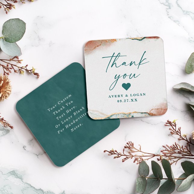 Moderne Abstrakte Aquamarin & Kupfer Hochzeit Viel Mitteilungskarte (Modern teal and copper wedding thank you note cards with abstract design.)