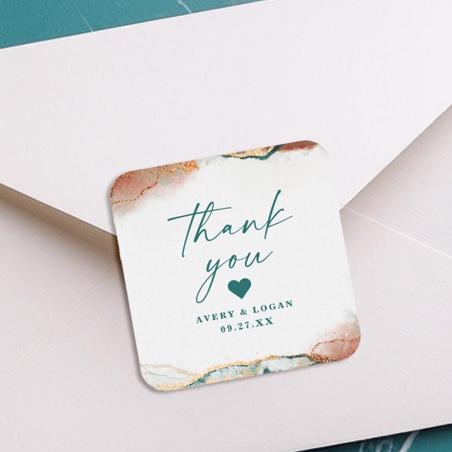 Moderne Abstrakte Aquamarin & Kupfer Hochzeit Viel Quadratischer Aufkleber (Modern teal and copper wedding thank you sticker with abstract design.)