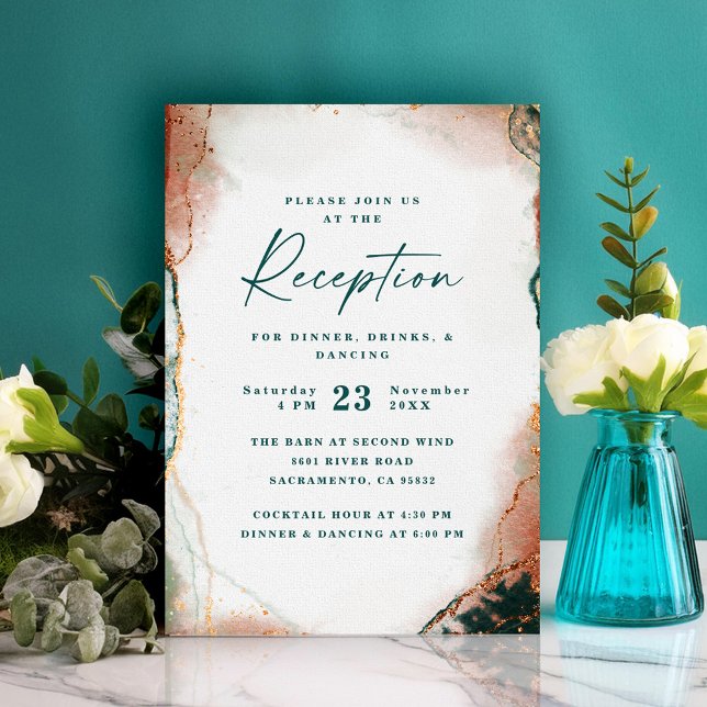 Moderne Abstrakte Aquamarin- & Kupferhochzeitung Begleitkarte (Modern abstract teal and copper wedding reception invitation card.)