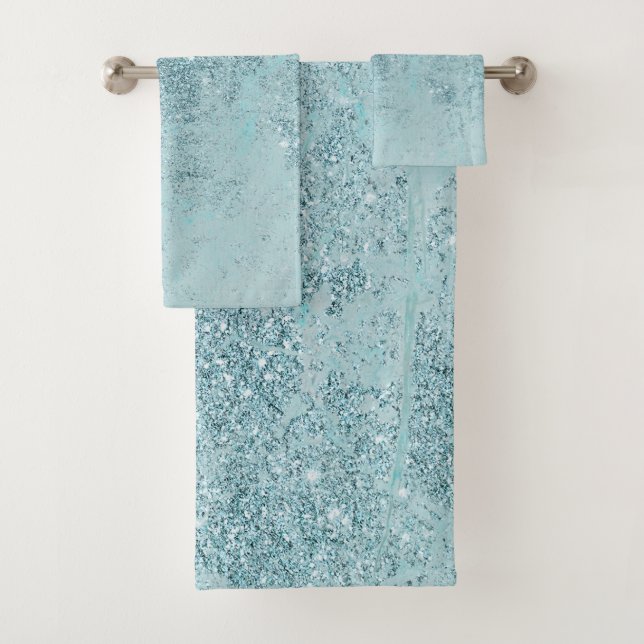 Moderne, abstrakte aquamarine Glitzer-Blütenfarben Badhandtuch Set (Insitu)