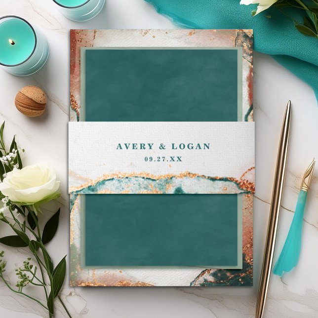 Moderne Abstrakte Aquamarine Kupfer- und Gold-Hoch Einladungsbanderole (Elegant teal and copper wedding invitation belly band.)