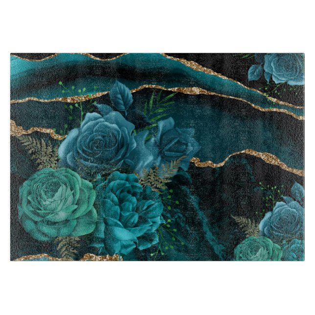 Moderne Abstrakte Aquamarine Rose und Gold Glitzer Schneidebrett (Vorderseite)