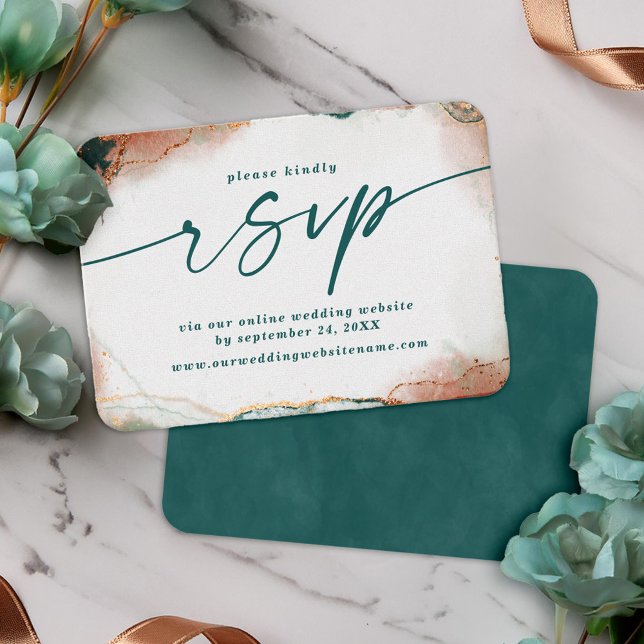 Moderne Abstrakte Aquamarine und Copper Wedding We Begleitkarte (Teal and Copper Wedding RSVP Card)