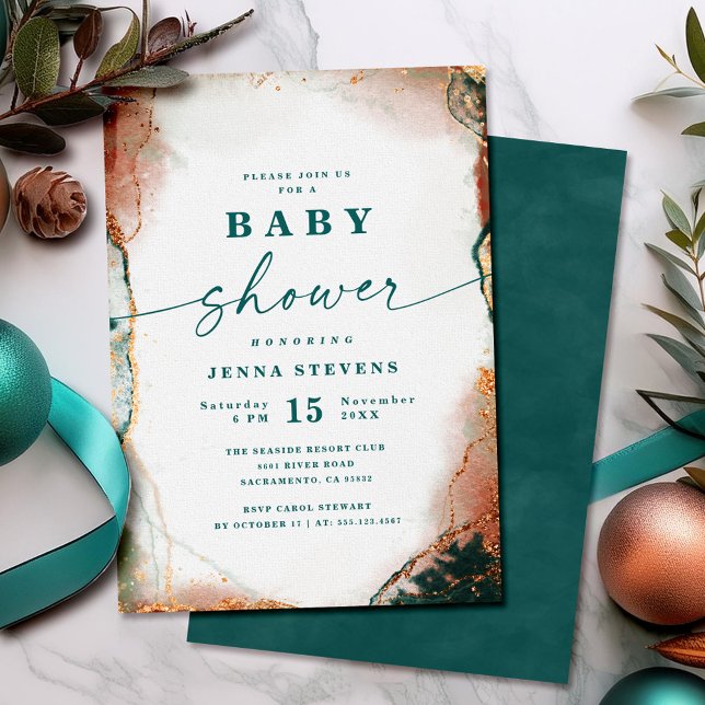 Moderne Abstrakte Aquamarine und Kupfer Babydusche Einladung (Modern teal and copper baby shower invitation with abstract design.)