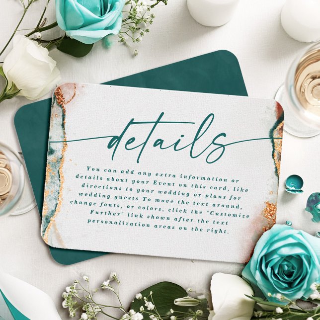 Moderne Abstrakte Aquamarine und kupferfarbene Hoc Begleitkarte (Elegant Teal and Copper Wedding Details Enclosure Cards)