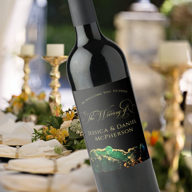 Moderne Abstrakte Black Green Gold Hochzeit Weinetikett (Modern Abstract Black Green Gold Wedding Wine Label)