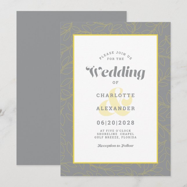 Moderne Abstrakte Blätter Muster | Grau und Gelb Einladung (Vorne/Hinten)