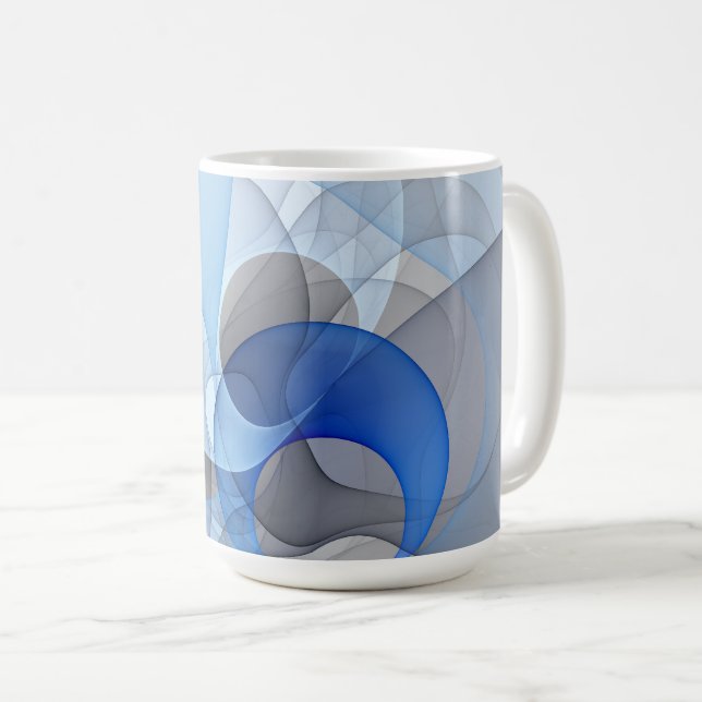 Moderne abstrakte blaue graue fraktale Kunstgrafik Kaffeetasse (VorderseiteRechts)