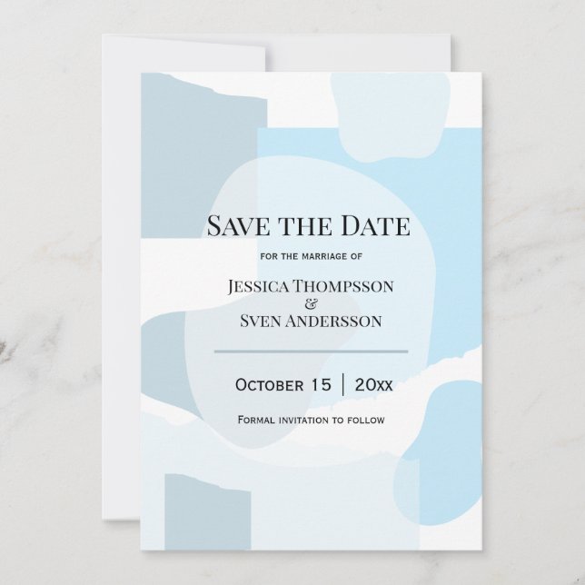 Moderne Abstrakte blaue Minimalistische Kunsthochz Save The Date (Vorderseite)