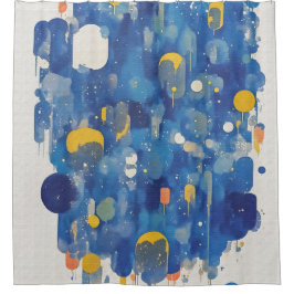 Moderne abstrakte blaue Regentropfen mit goldenen  Duschvorhang