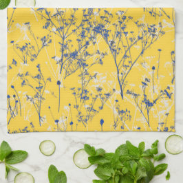 Moderne Abstrakte blaue Wildblumen auf Senf Yellow Geschirrtuch