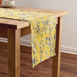 Moderne Abstrakte blaue Wildblumen auf Senf Yellow Kurzer Tischläufer