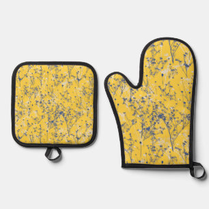 Moderne Abstrakte blaue Wildblumen auf Senf Yellow Ofenhandschuh & Topflappen-Set