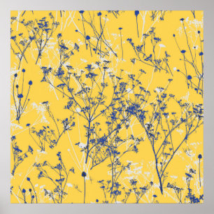 Moderne Abstrakte blaue Wildblumen auf Senf Yellow Poster