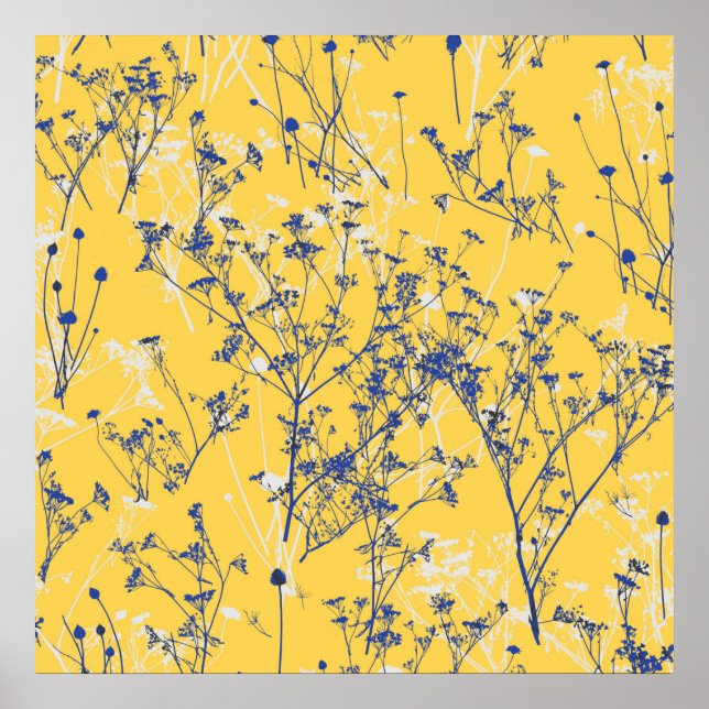 Moderne Abstrakte blaue Wildblumen auf Senf Yellow Poster (Vorne)